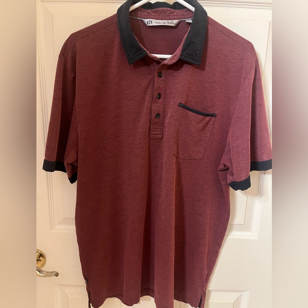 Travis Mathew Men’s Polo Shirt-Burgundy/Black-Designer Brand